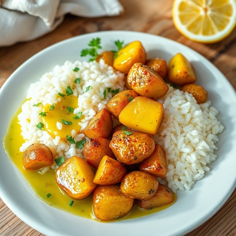 Lemon Oil Roasted Potatoes with Fluffy Rice