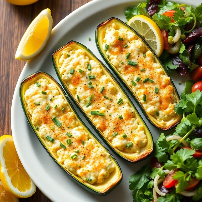 Gefüllte Zucchini-Boote mit Hüttenkäse
