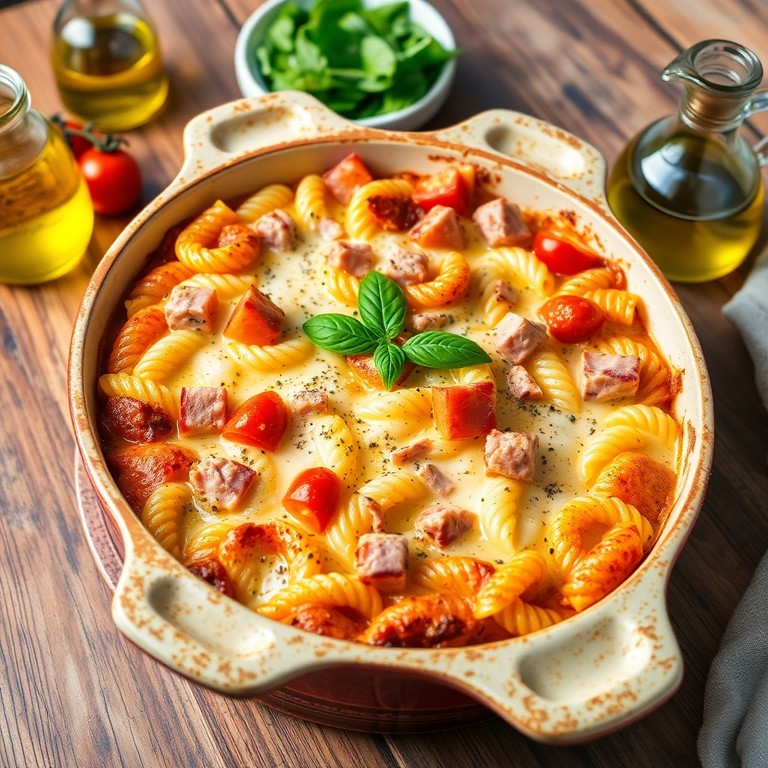 Mediterraner Nudelauflauf mit Schinken, Ei und Tomaten