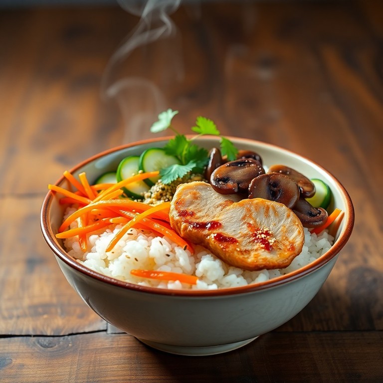 Bowl de riz aux champignons, poulet et légumes croquants