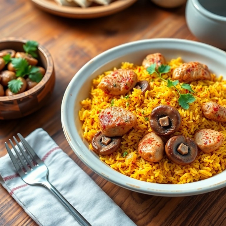 Riz épicé au poulet et champignons