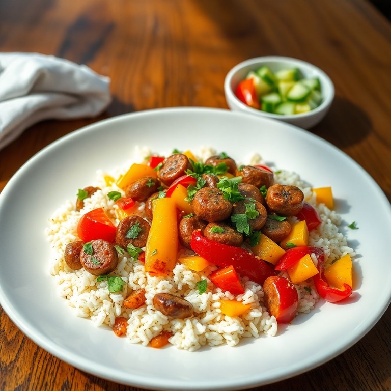 Arroz de Linguiça com Pimentões e Pepino Refrescante
