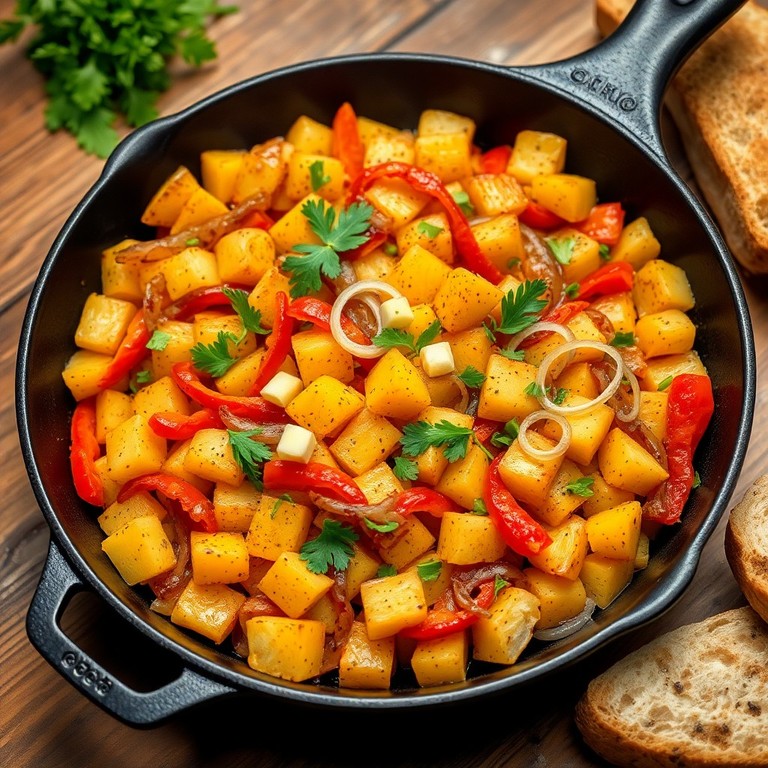 Vegetarischer Kartoffel-Hash mit Paprika und Zwiebeln
