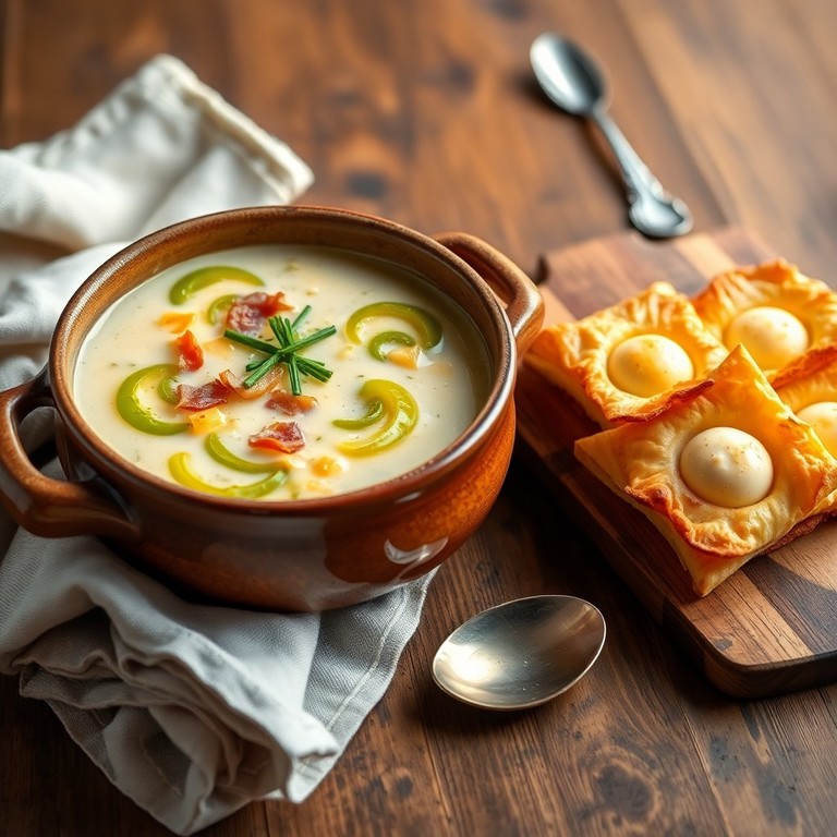Herzhafte Lauch-Speck-Suppe mit Blätterteig-Ei-Häppchen