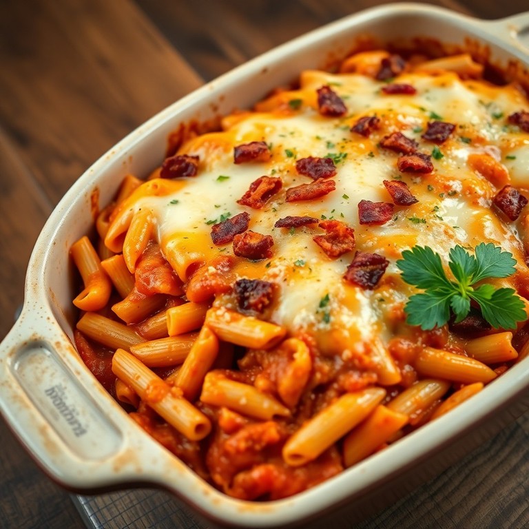 Macarrão ao Forno com Frango, Bacon e Molho Vermelho
