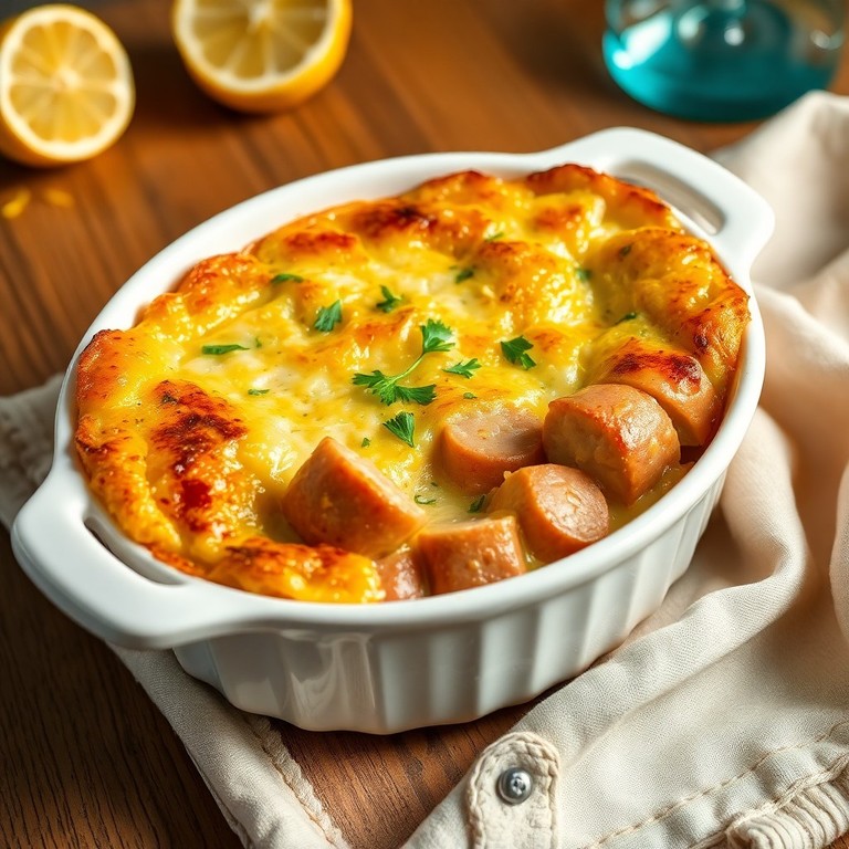 Gratin de pâtes, chipolatas et crème citronnée