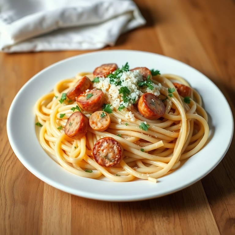 Паста с колбасой и чесночным соусом