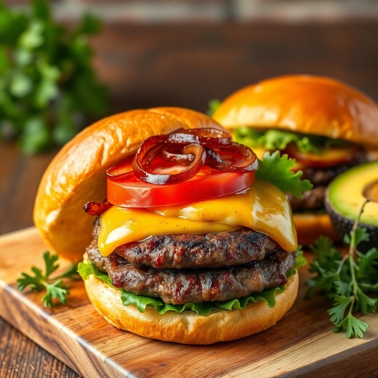 Herby Porcini Beef Burgers with Oven-Roasted Cheddar and Caramelized Balsamic Onion