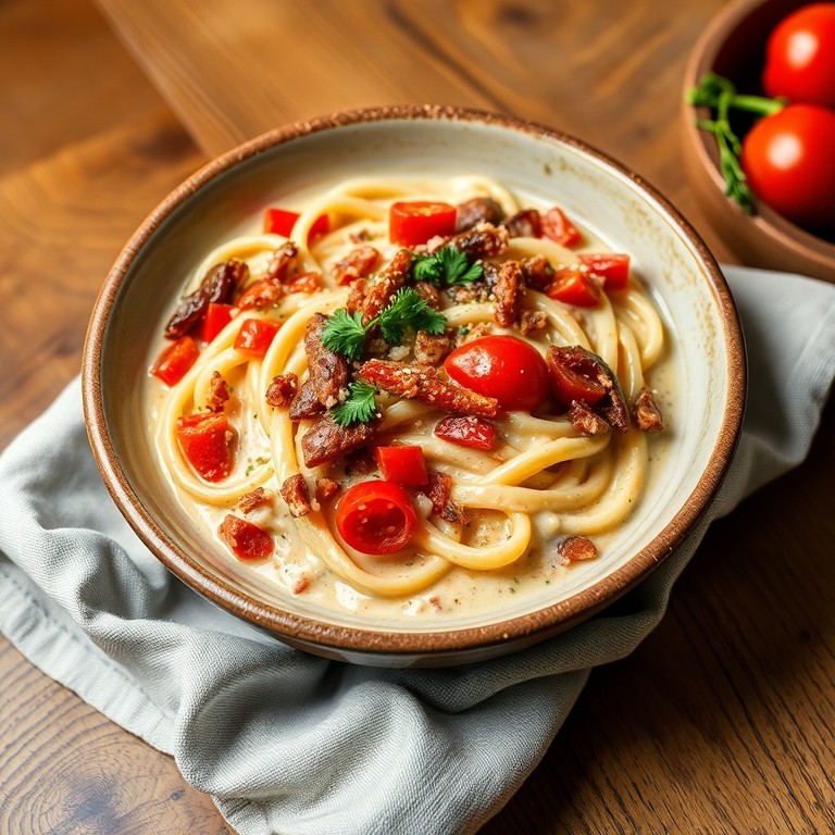Pâtes crémeuses aux lardons, tomates et poivrons