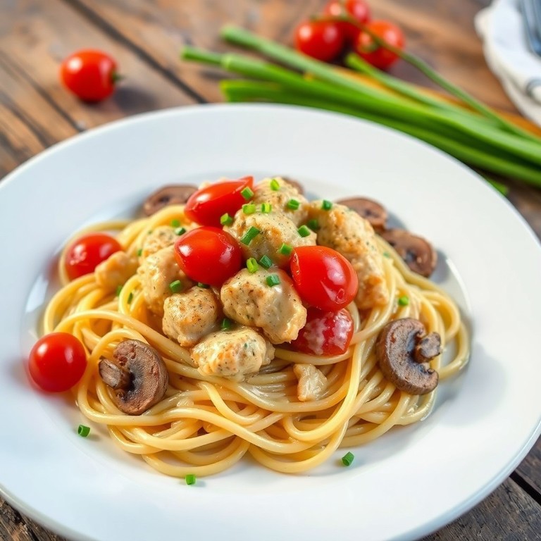 Espaguetis con pollo, tomate cherry y salsa de crema ligera