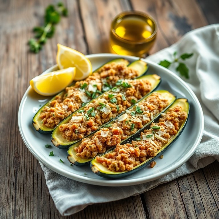 Courgettes farcies au filet de poulet et aux herbes