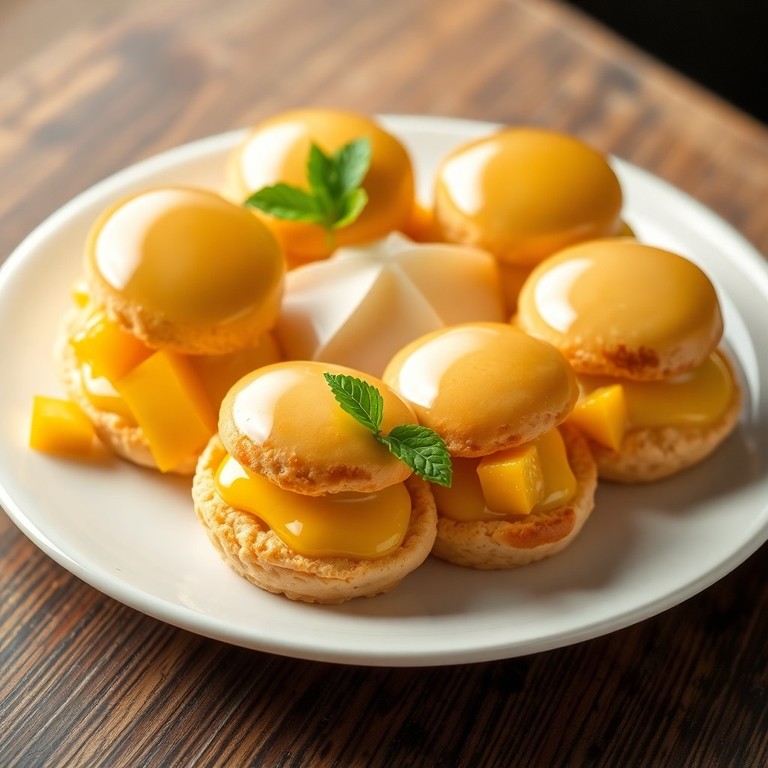 Profiteroles de Mango con Gelatina y Flan de Caramelo