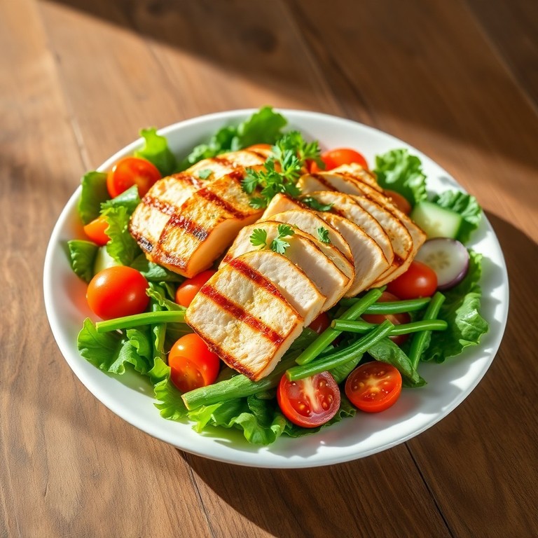 Groene salade met gegrilde kip en sperziebonen