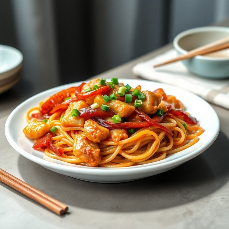 Nouilles sautées au poulet et oignons caramélisés