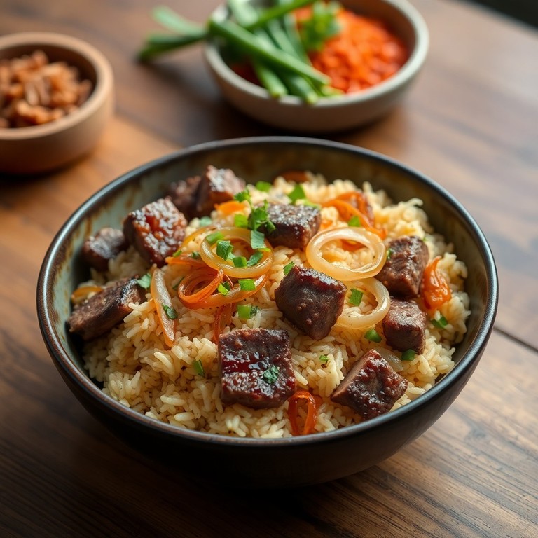 Riz sauté aux oignons et steak
