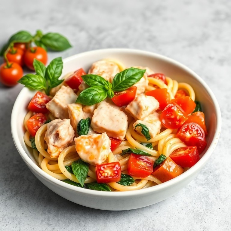 Pâtes crémeuses au poulet, tomates et emmental