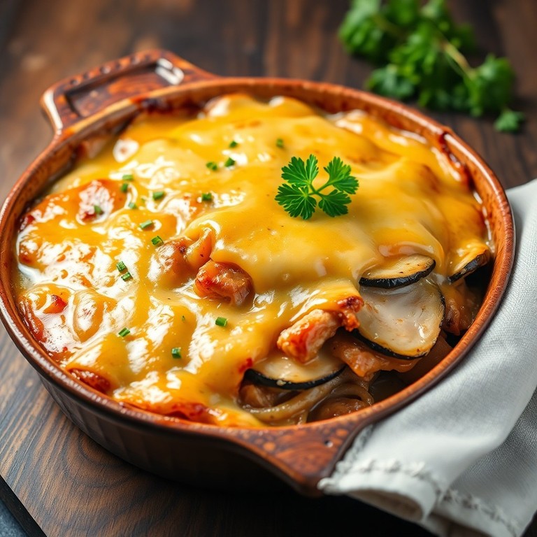 Auberginen-Cheddar-Auflauf mit Zwiebeln und Hähnchen