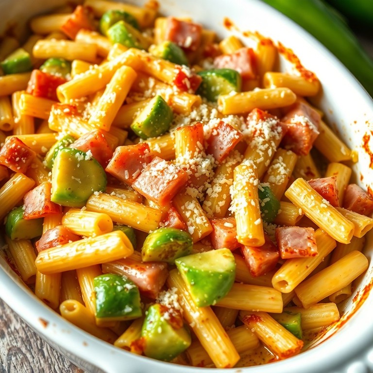 Gratin de pâtes au parmesan, avocat et jambon