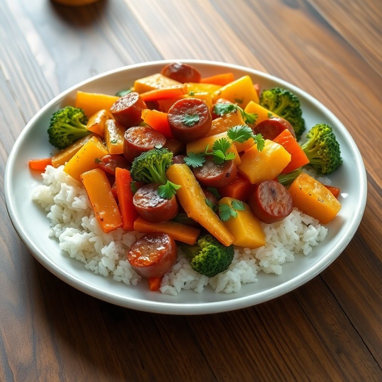 Salteado de verduras y chorizo con arroz