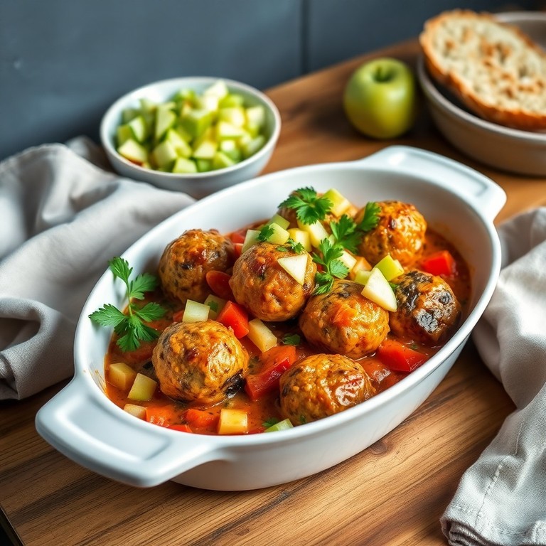 Aubergine en Paprika Vegaballenschotel met Appel-Salsa