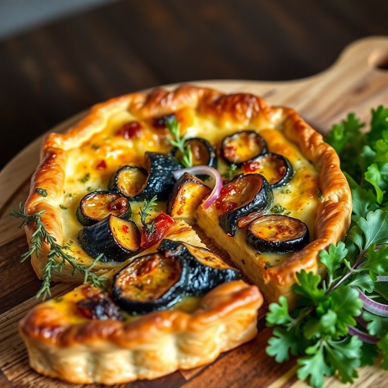 Quiche aux lardons, chèvre et aubergine rôtie