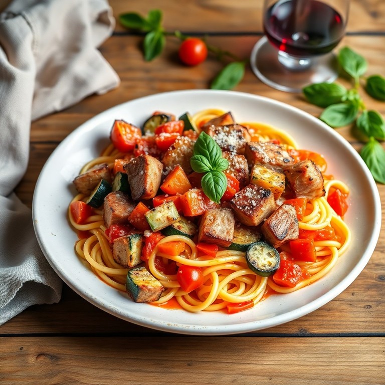 Tagliatelles aux légumes méditerranéens et porc grillé
