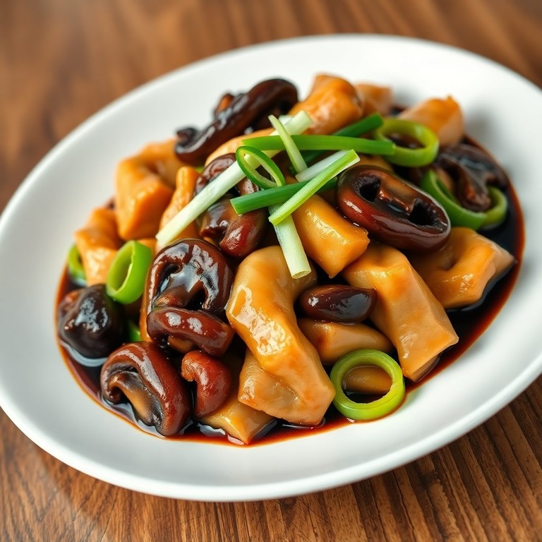 Gebratenes Huhn mit Pilzen und Porree in schwarzer Soße