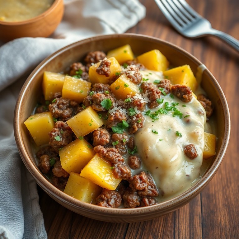 Salada Quente de Batata e Carne Moída com Molho Cremoso de Leite