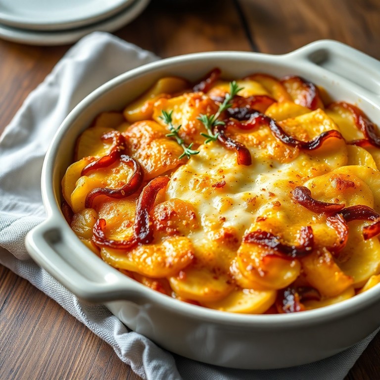 Gratin de patates, oignons rouges, et camembert croustillant