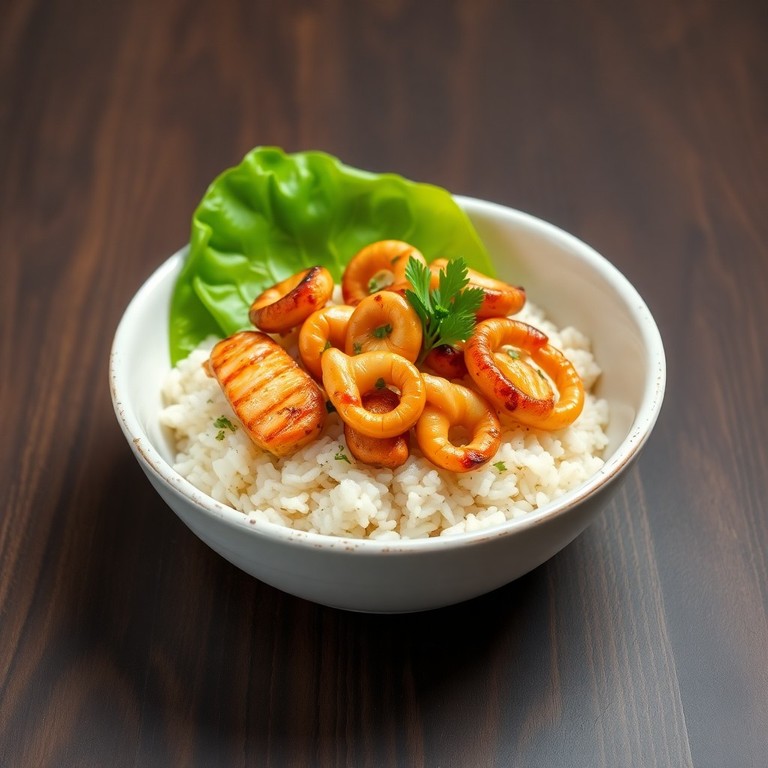 Ensalada templada de arroz, pollo y chipirones