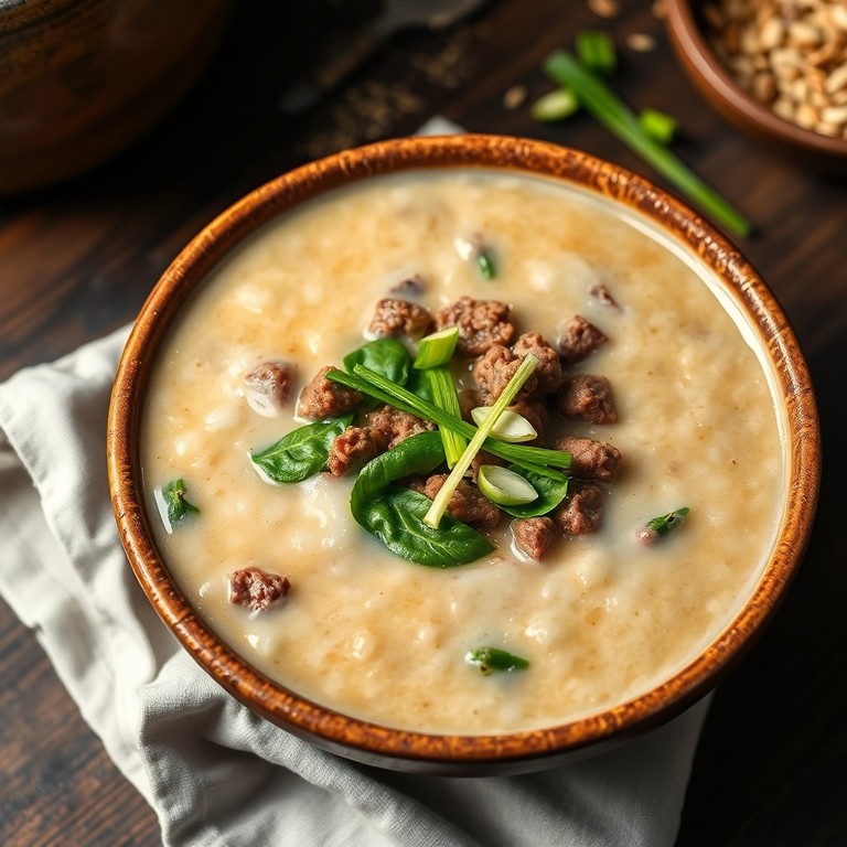 Savory Beef and Spinach Rice Porridge