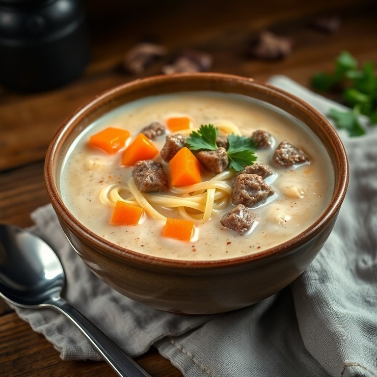Sopa de Carne com Macarrão Cremoso
