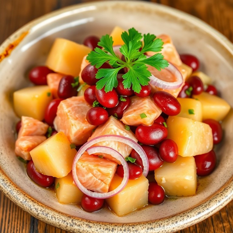Тёплый салат с горбушей и красной фасолью