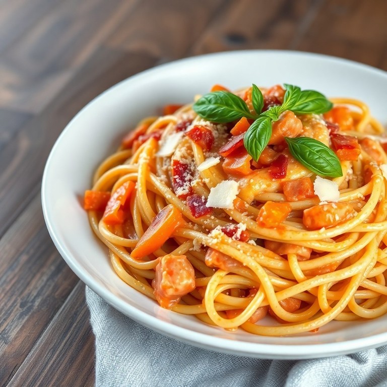 Espaguete Cremoso ao Molho de Tomate com Bacon e Cenoura