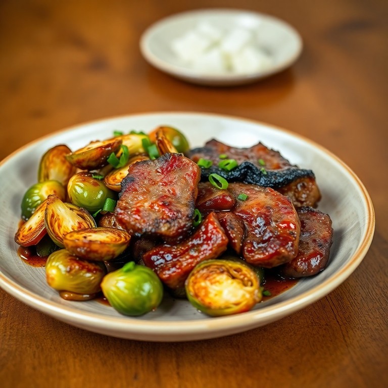 Garlic Braised Flat Iron Steak with Roasted Brussels Sprouts