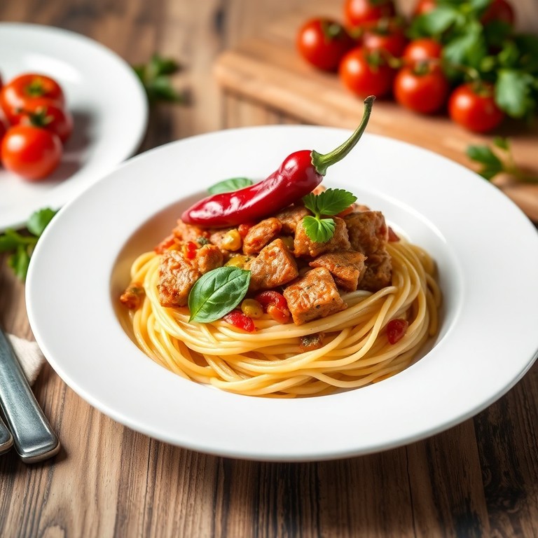 Sauté de Porc aux Épices et Spaghetti aux Herbes avec un Piment