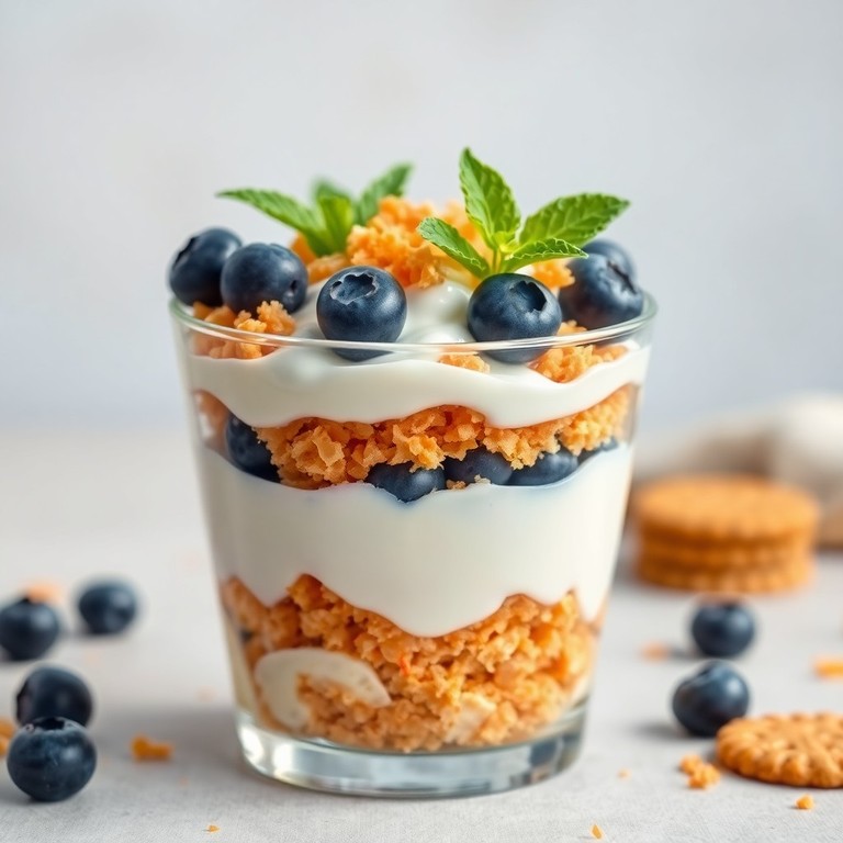 Parfait de yogur, mora azul y galletas trituradas