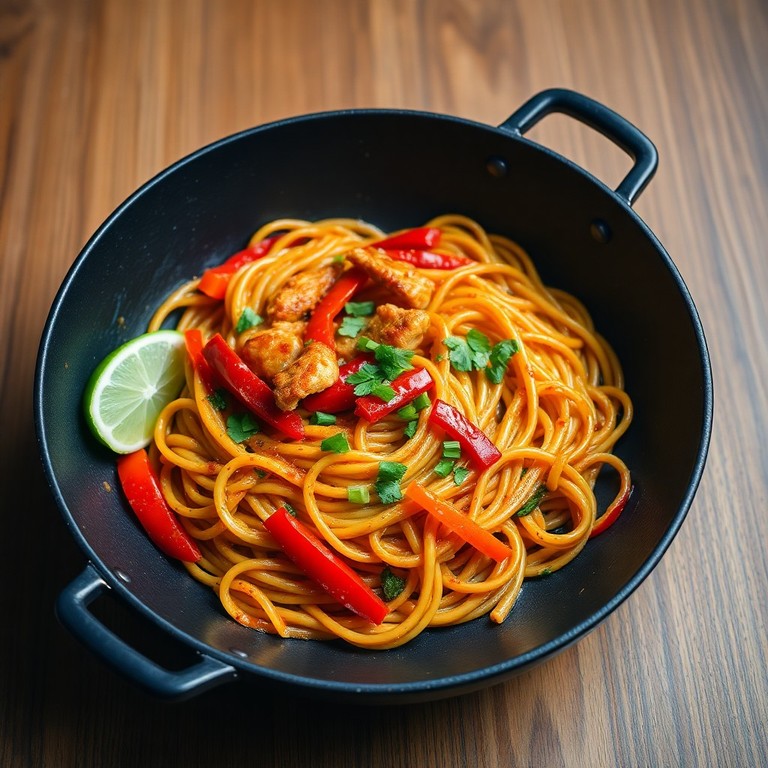 Wok épicé de nouilles aux knakis et légumes