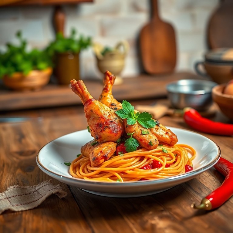 Sauté d'Aile de Poulet aux Épices et Spaghetti aux Herbes avec un Piment