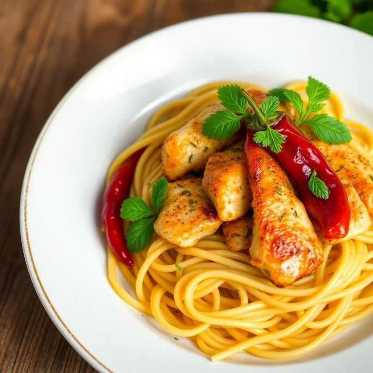 Sauté de Poulet aux Épices et Spaghetti aux Herbes avec un Piment