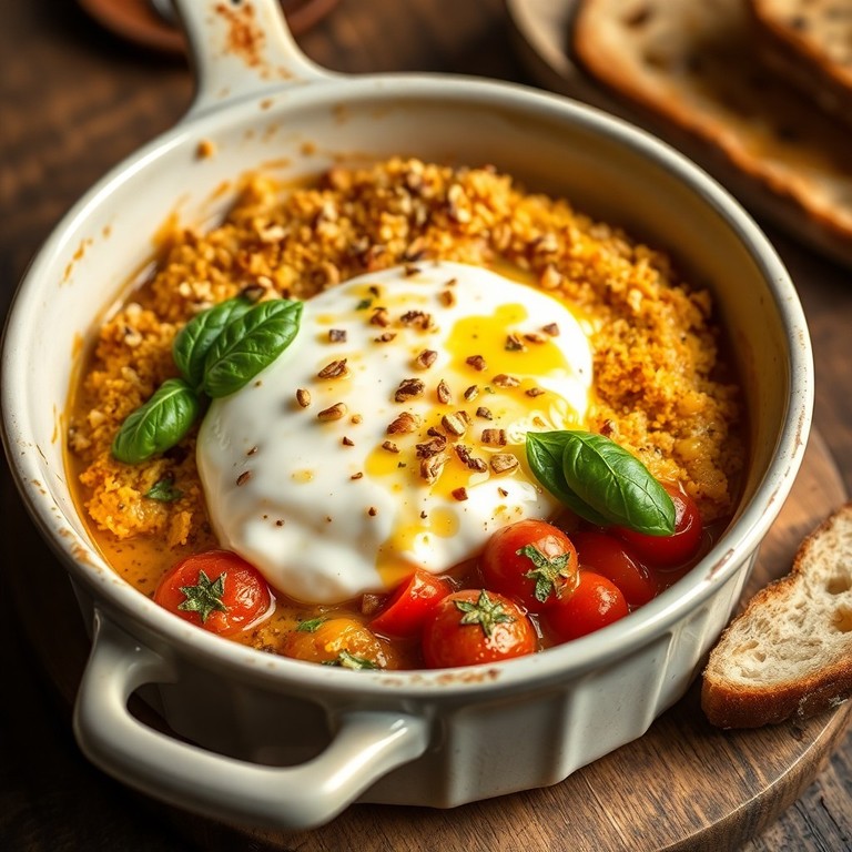 Warmer Burrata-Auflauf mit Basilikum und Pinienkernen