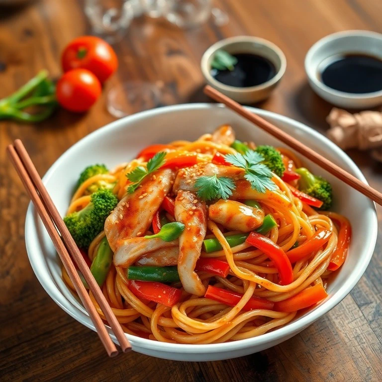 Asiatische gebratene Nudeln mit Gemüse und Hähnchen