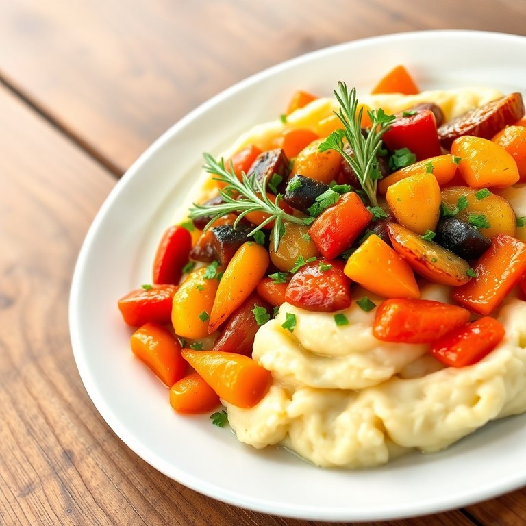 Aardappel-puree met geroosterde groenten en verse kruiden