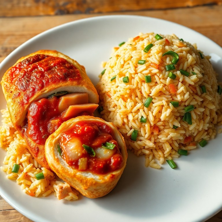 Poulet farci à la pizza et riz épicé