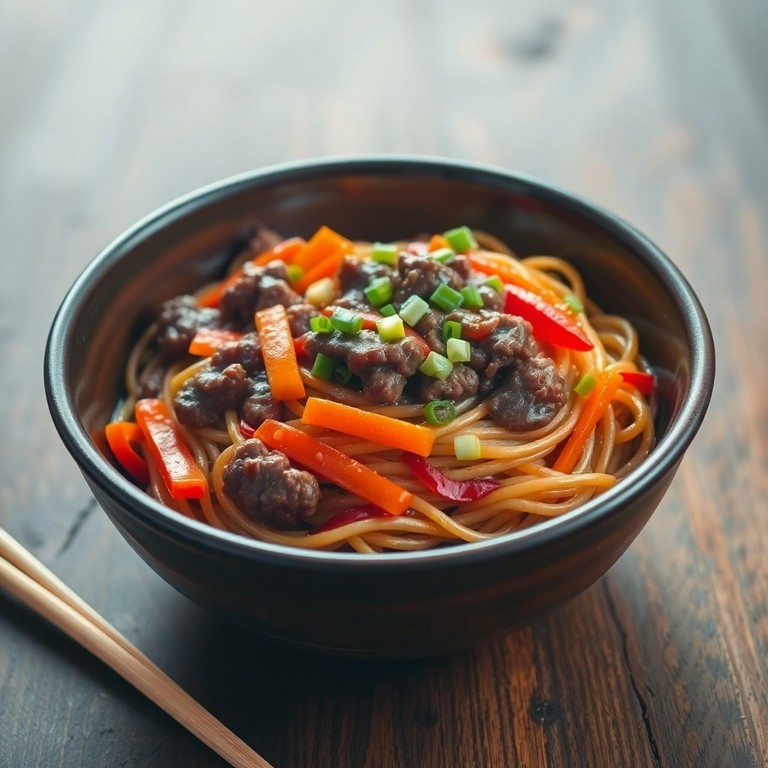 Tallarines de carne y vegetales en salsa de soja