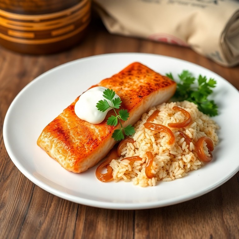 Saumon Grillé, Oignons Caramélisés et Riz Sauté
