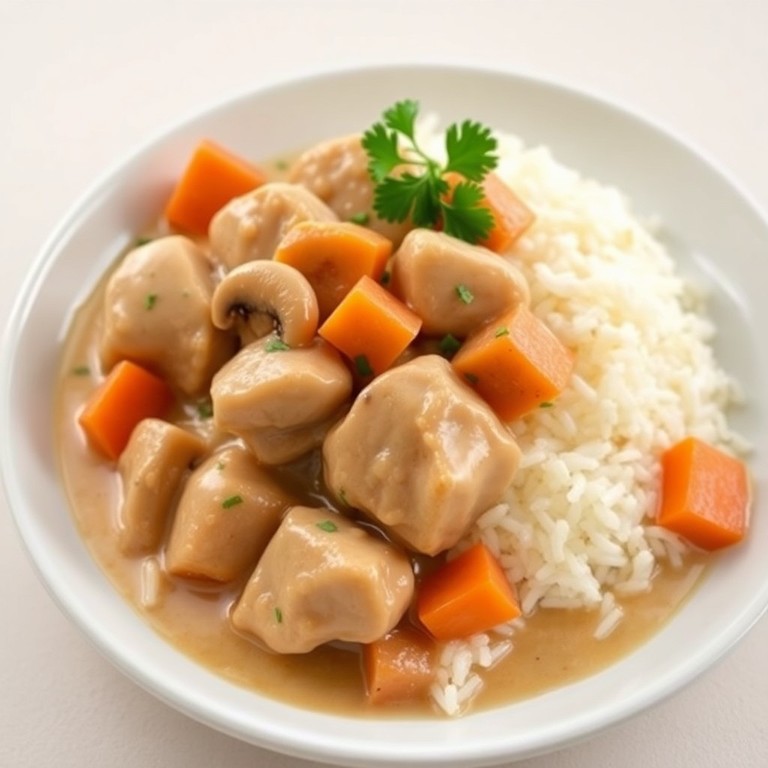Pollo en salsa suave con arroz jasmine