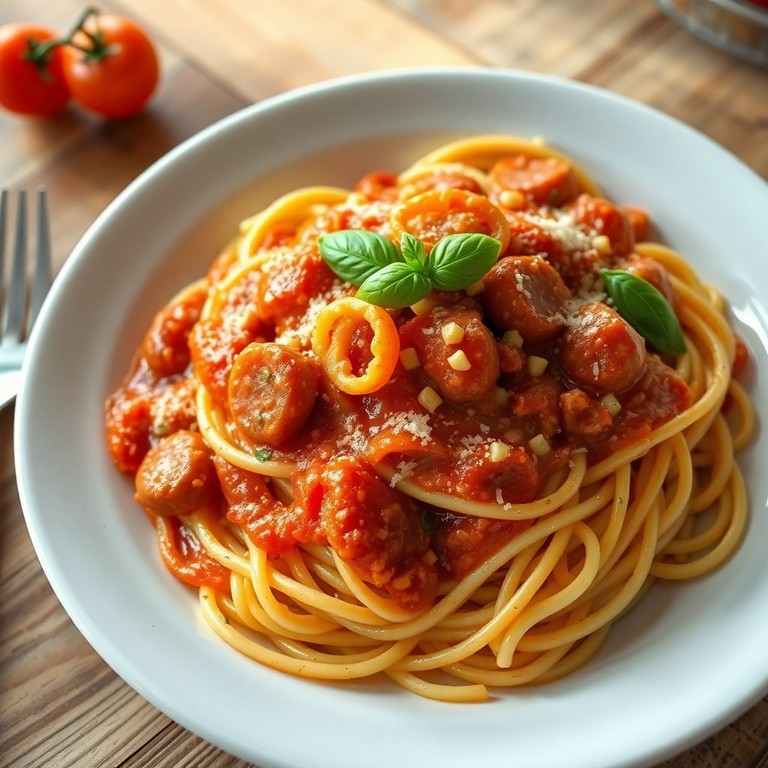 Espaguete Cremoso com Calabresa e Tomate