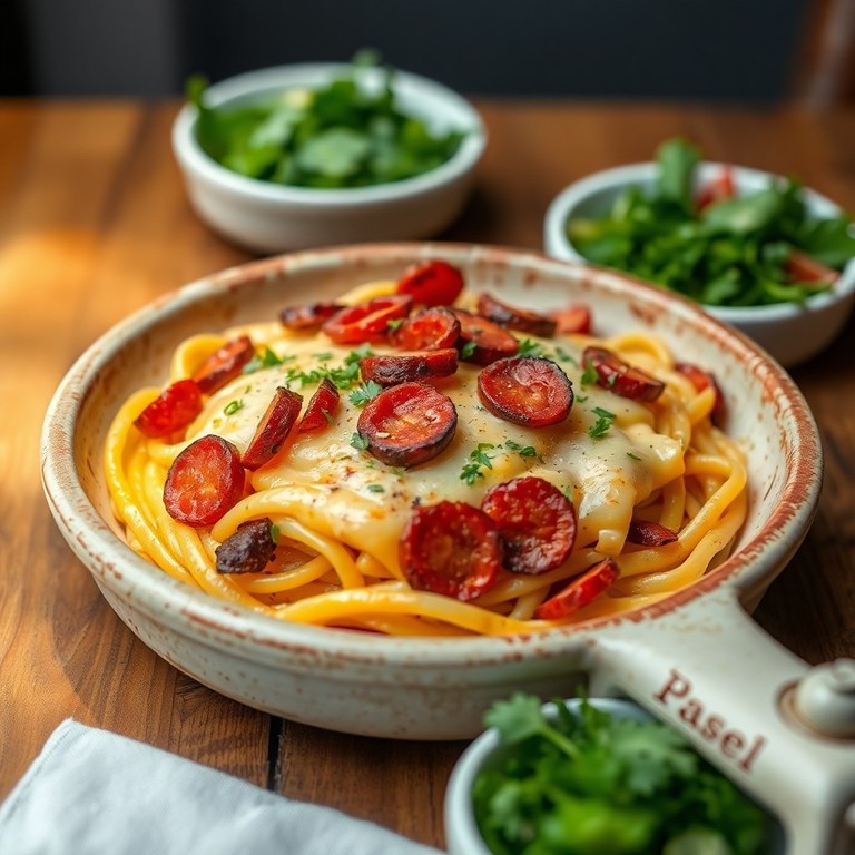 Pâtes crémeuses au chorizo et fromage râpé en style friture à l'air