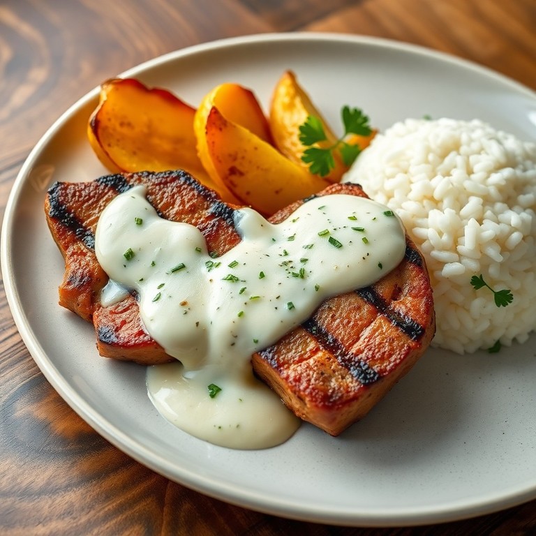 Cerdo a la parrilla con papas asadas y salsa de crema